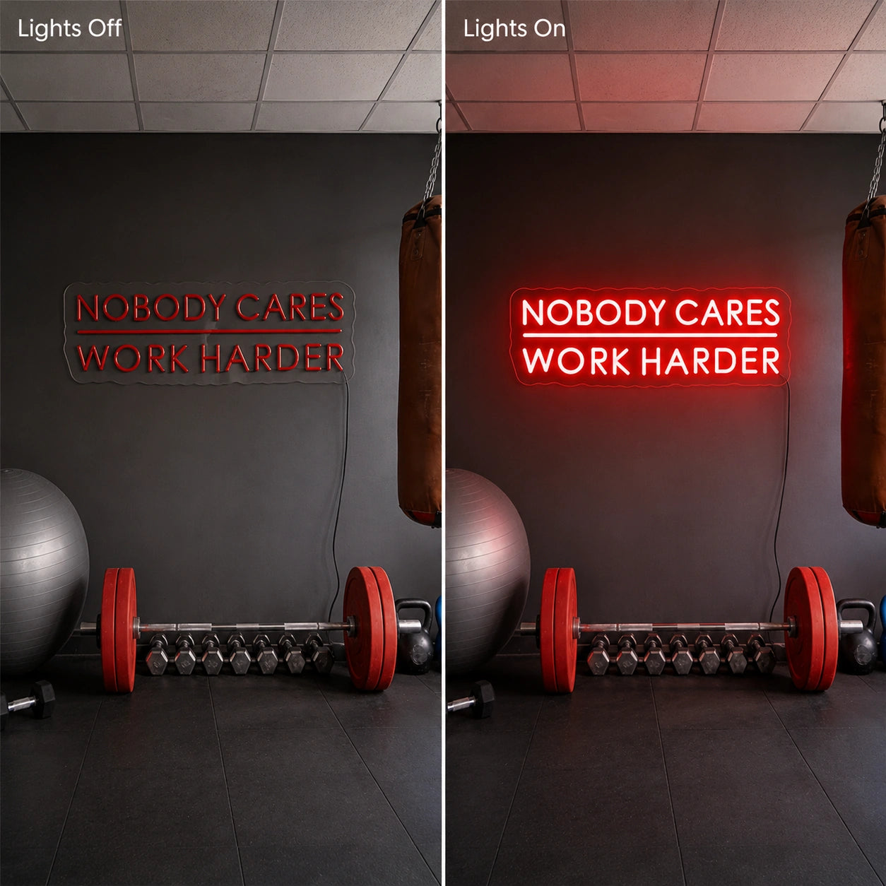 Work Harder Gym Neon Sign LED Neon Sign day and night comparison
