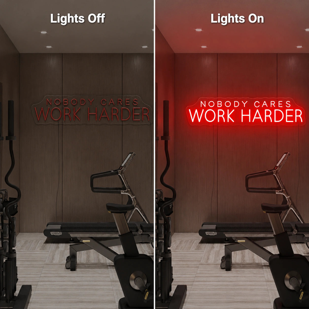 Work Harder Neon Sign LED Neon Sign day and night comparison