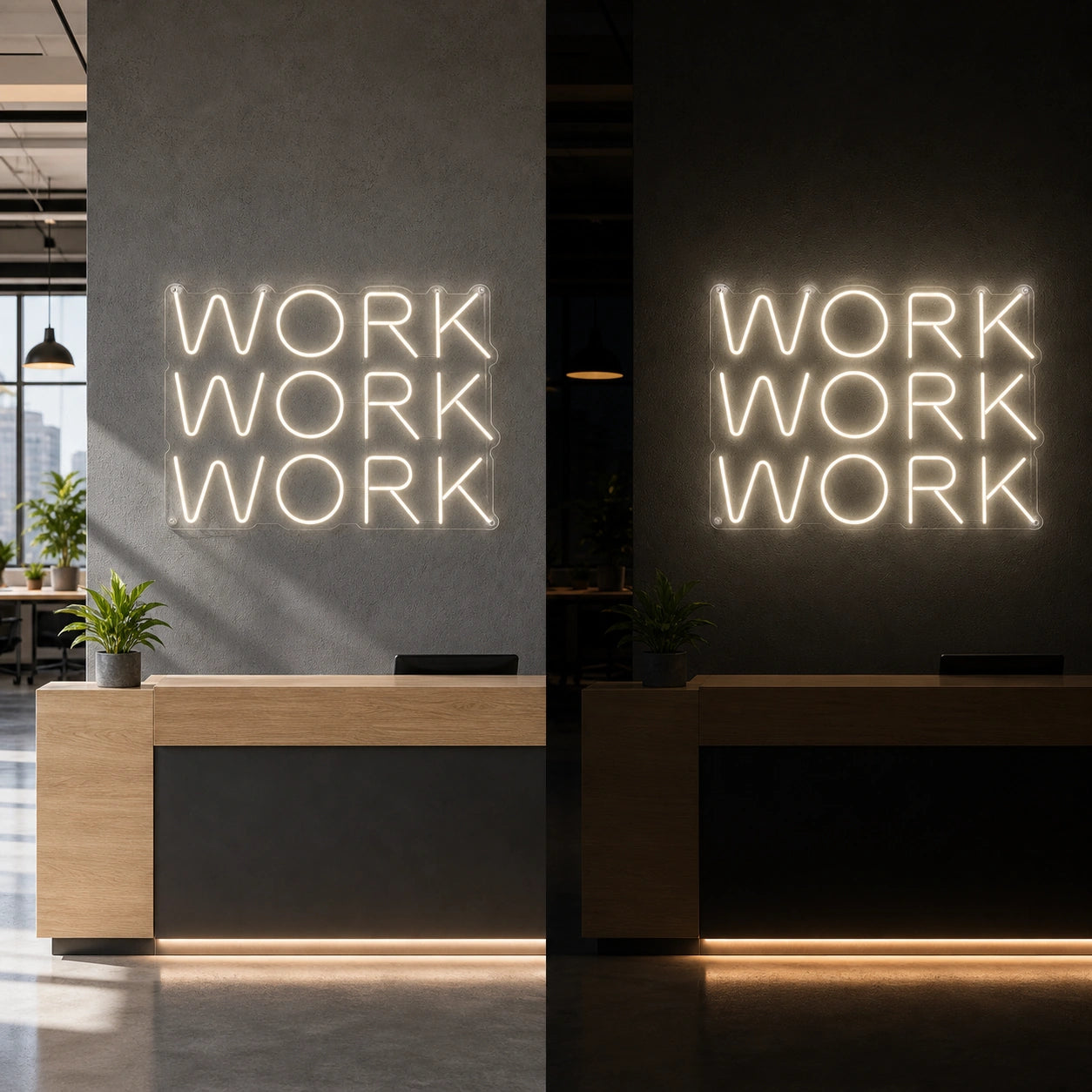Work LED Neon Sign day and night comparison