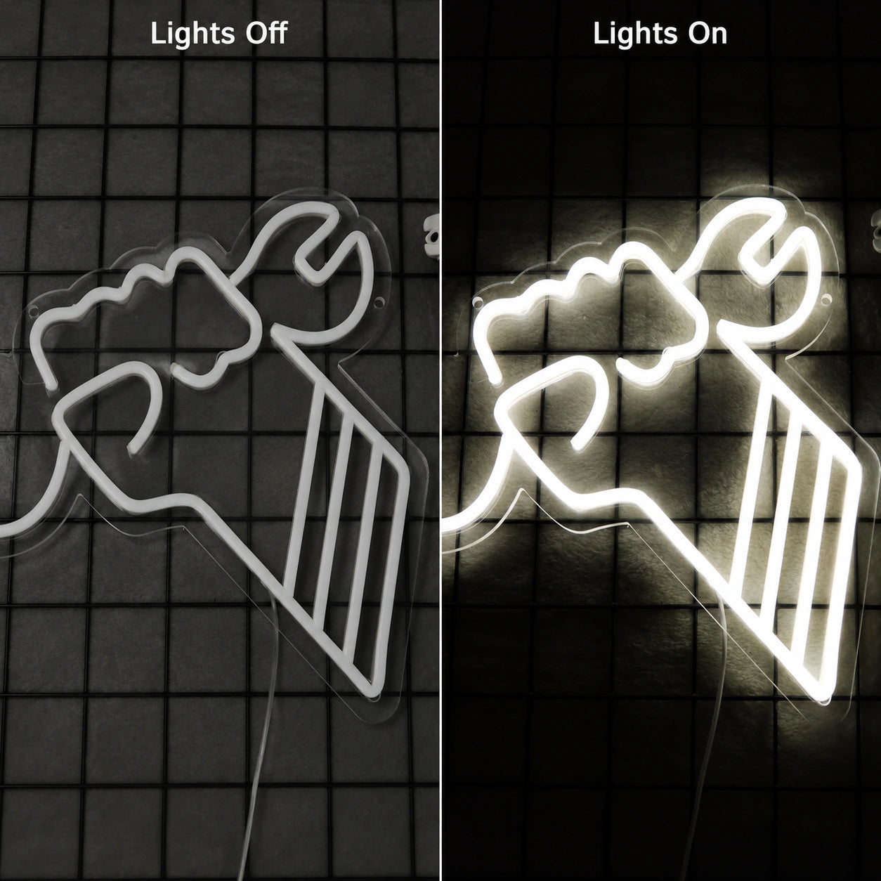 Wrench Fist Neon Sign LED Neon Sign day and night comparison