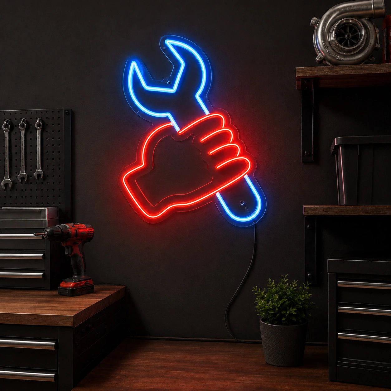 Wrench Pliers Workshop Neon Sign LED Neon Sign real lifestyle scene