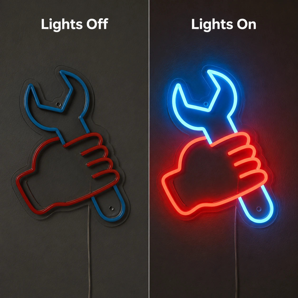 Wrench Pliers Workshop Neon Sign LED Neon Sign day and night comparison