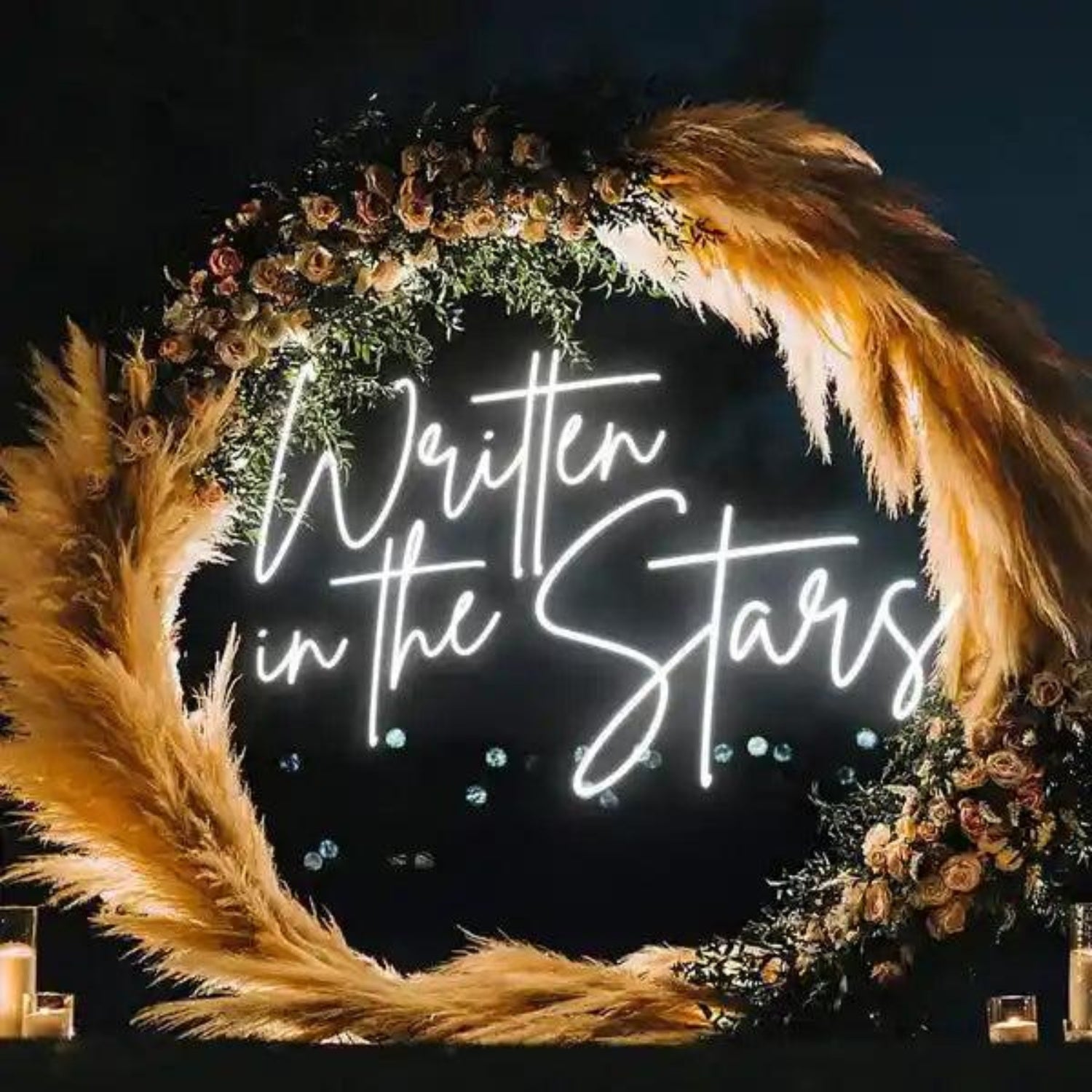 Written In The Stars Led Neon Sign With Floral Feather Circle For Wedding Decor | Shineneon