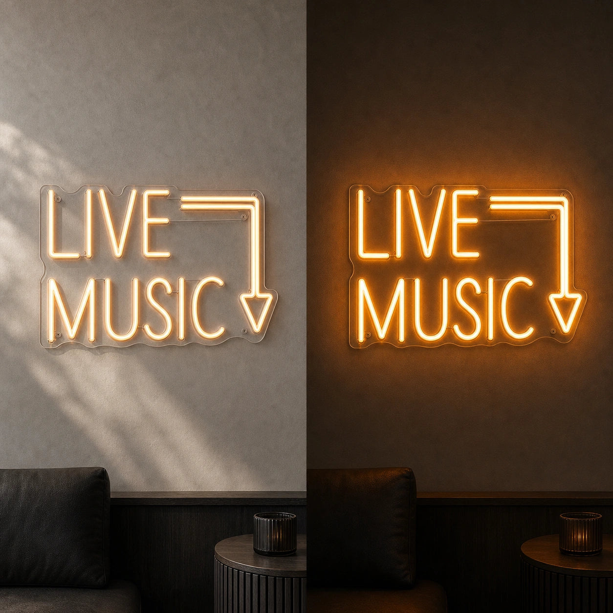 Www Via Live LED Neon Sign day and night comparison
