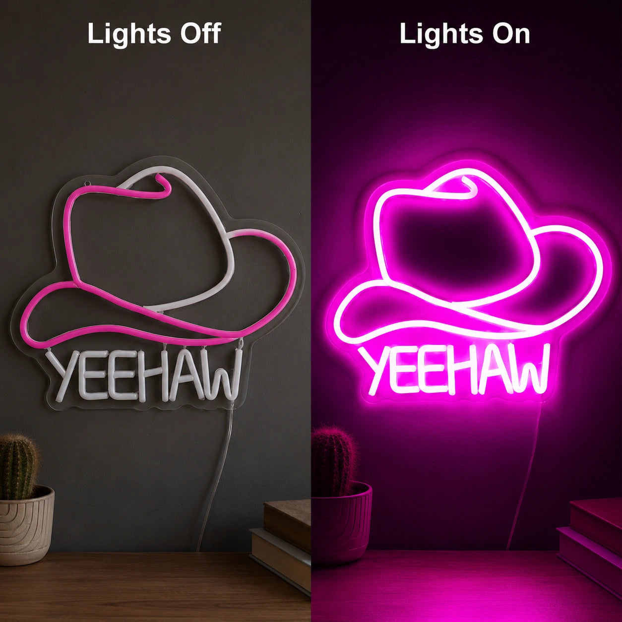 Yeehaw Cowgirl Hat Neon Sign LED Neon Sign day and night comparison