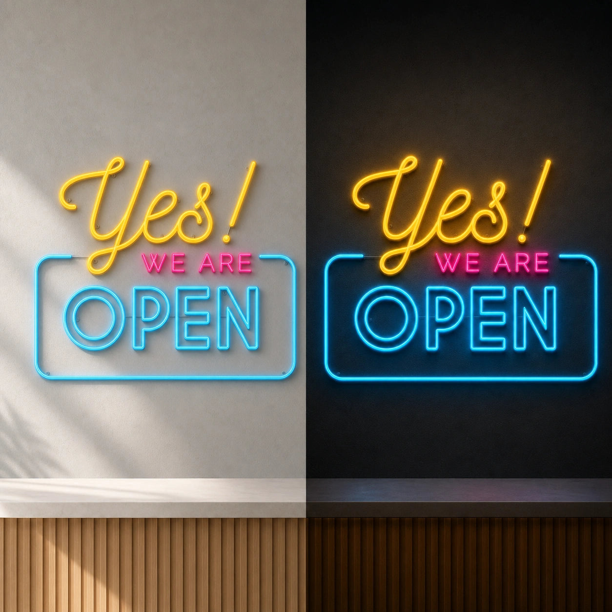 Yes We Are Open LED Neon Sign day and night comparison