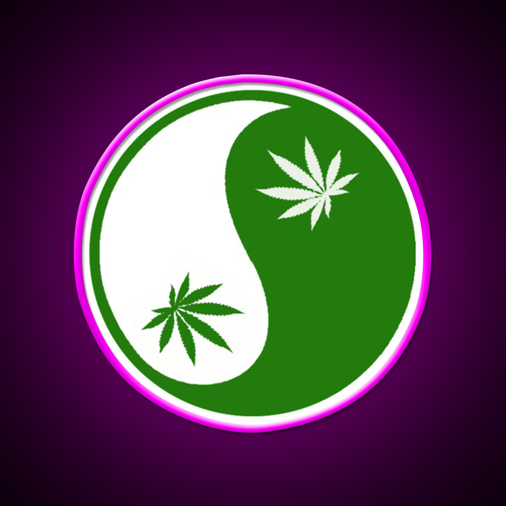 Yin Yang Hemp Inspired Green Leaf Led Neon Sign Rgb Color - Neon sign mounted on wall in room
