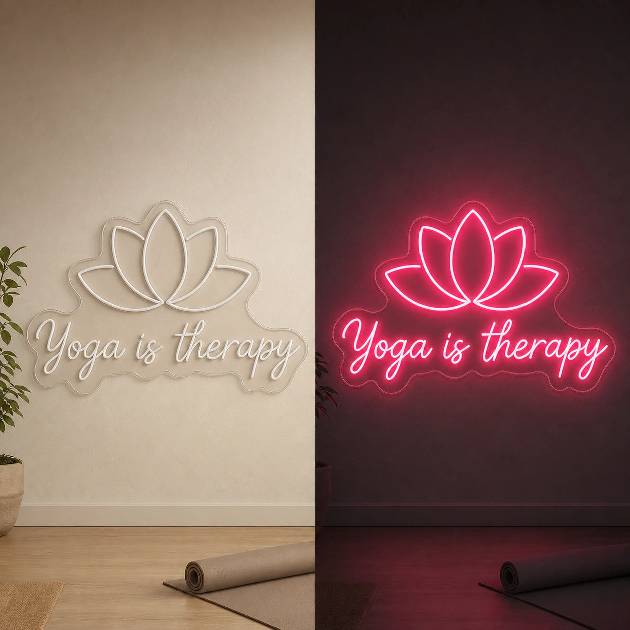 Yoga Is Therapy LED Neon Sign Garage Man Cave Neon Sign day and night comparison