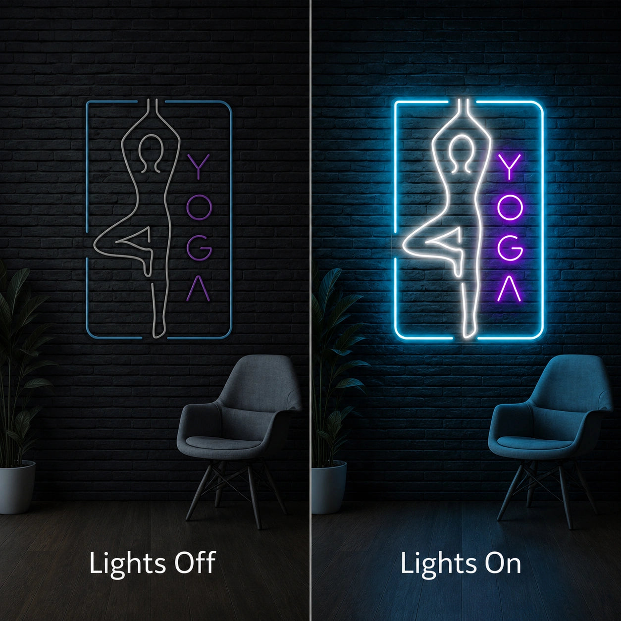 Yoga Pose LED Neon Sign - 06 Day Night Comparison