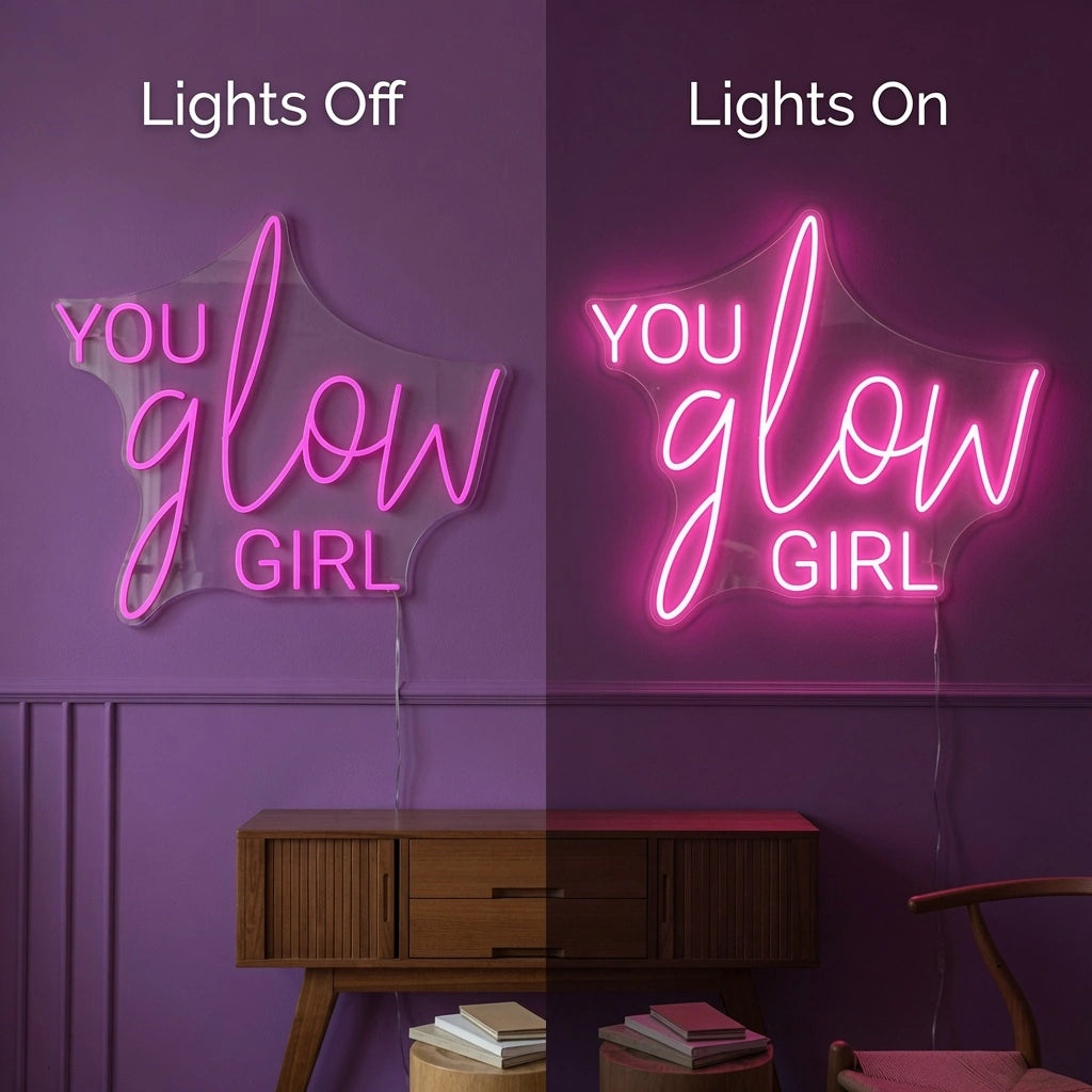 You Glow Girl LED Neon Sign Wall Decor - 06 Day Night Comparison