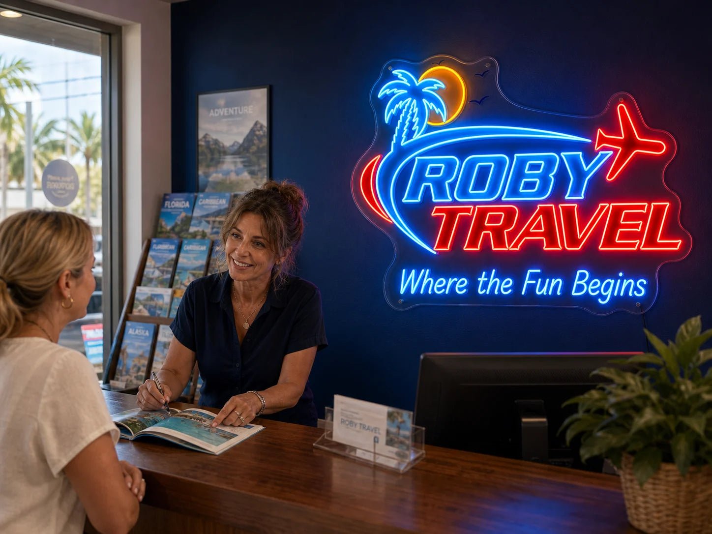 American travel agency owner serving a customer beside a custom ROBY TRAVEL flexible LED neon sign