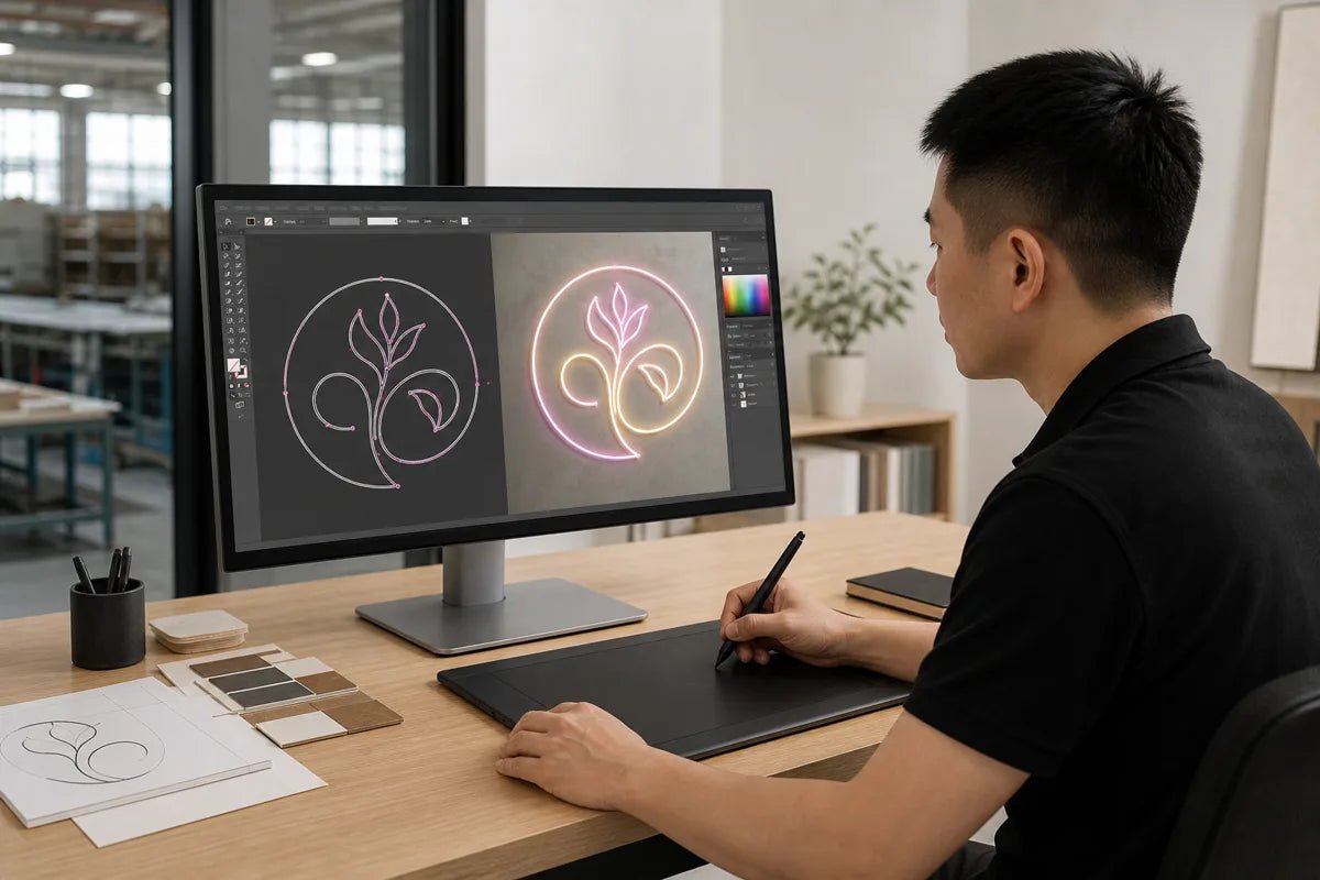 A designer preparing a custom neon sign mockup