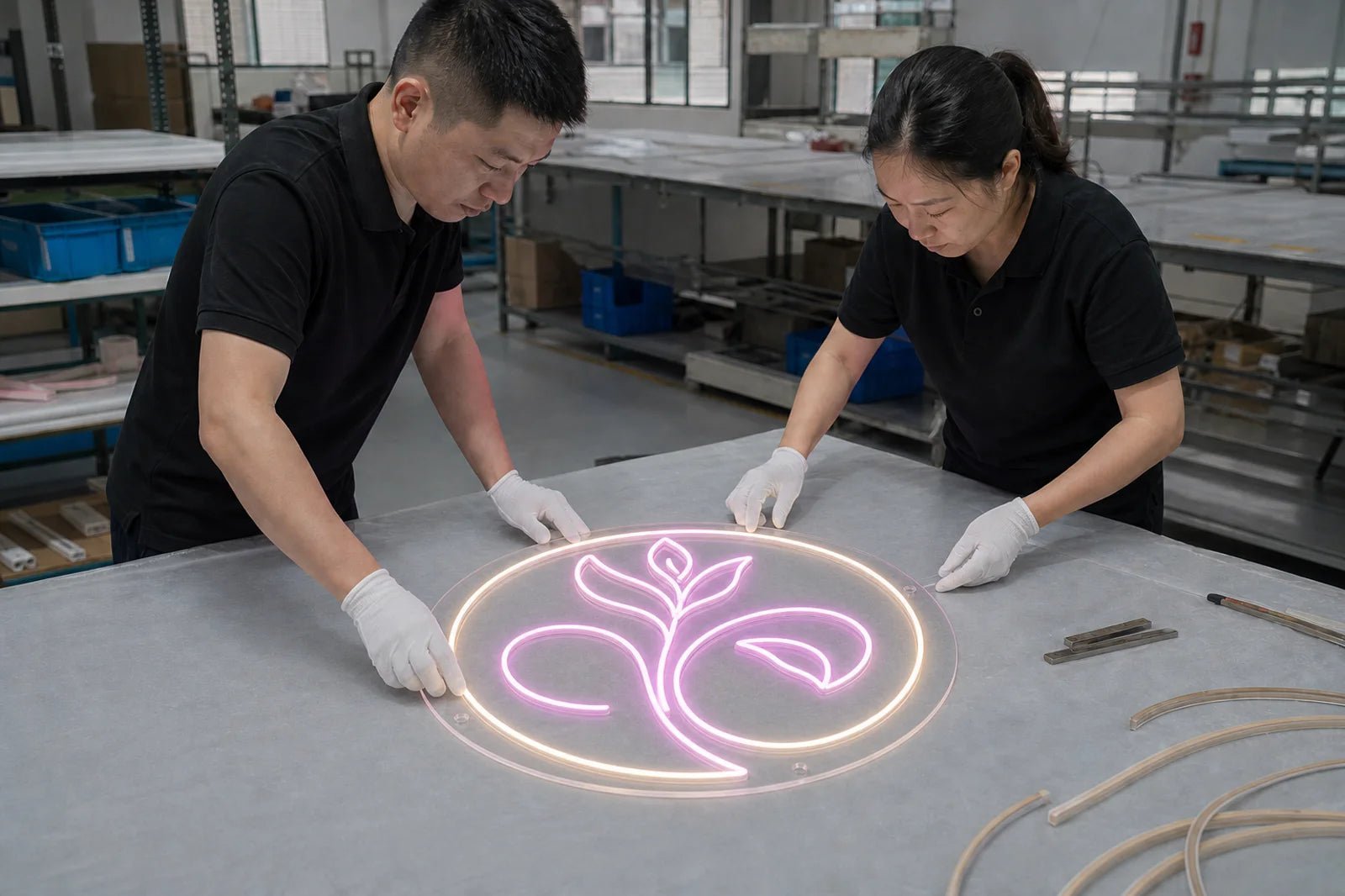 Two technicians handcrafting the approved LED neon sign in the factory