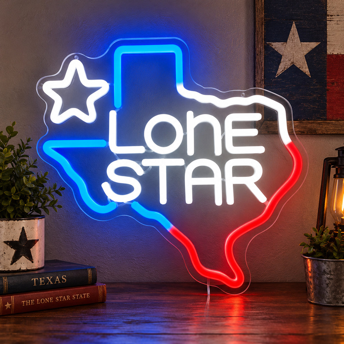 Lone Star Text Texas Outline Garage LED Neon Sign Wall Neon Signs - Main Product Image