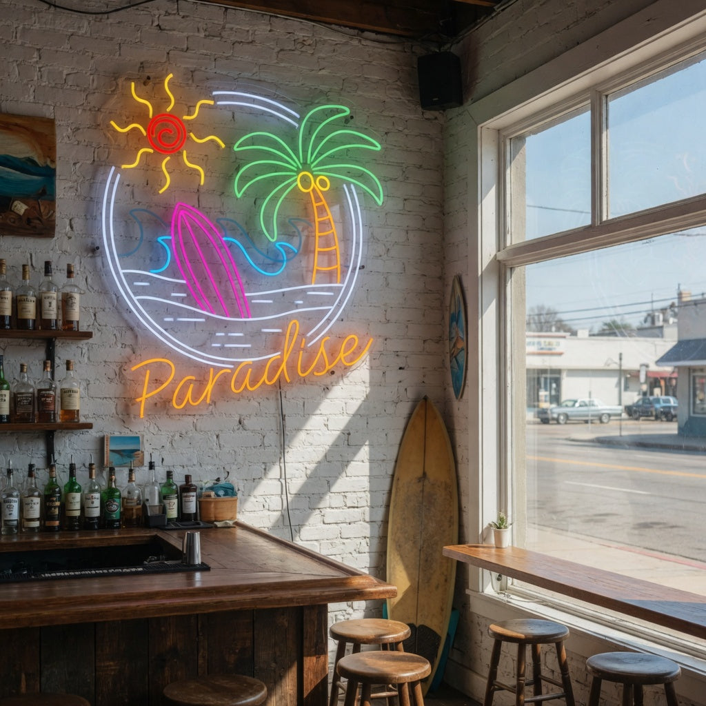 Palm Tree Sunset Wave Tropical Paradise LED Neon Sign for Bar - Shineneon