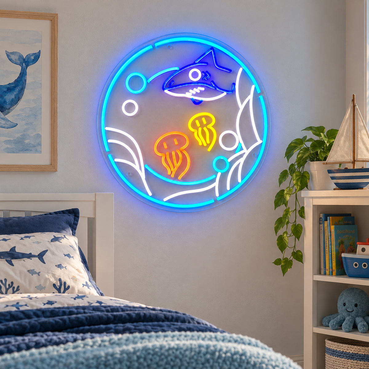 Ocean with Shark and Jellyfish LED Neon Sign for Kids Room Wall Neon Signs - Shineneon