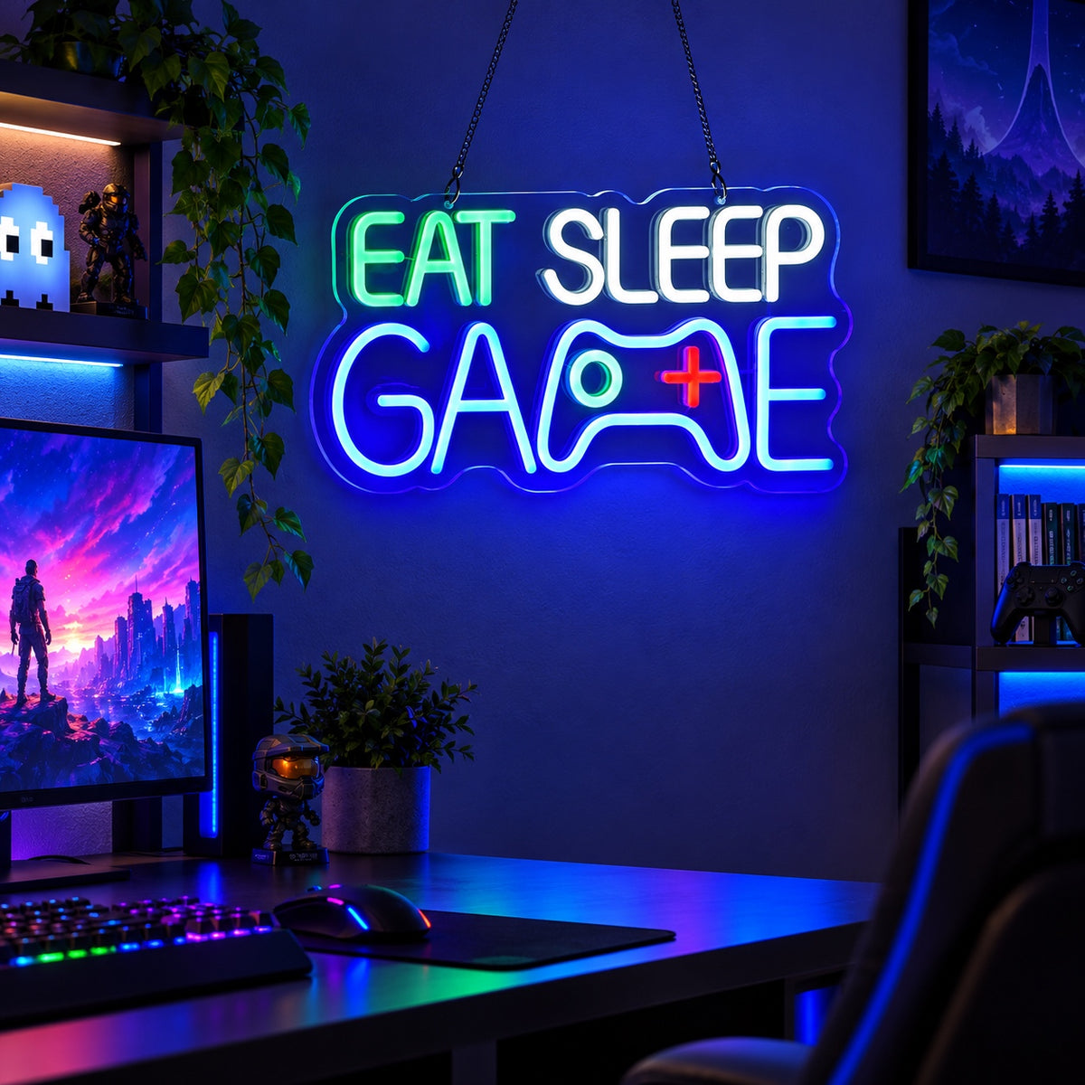 Eat Sleep Game LED Neon Sign for Game Room Dimmable Wall Decor - Shineneon
