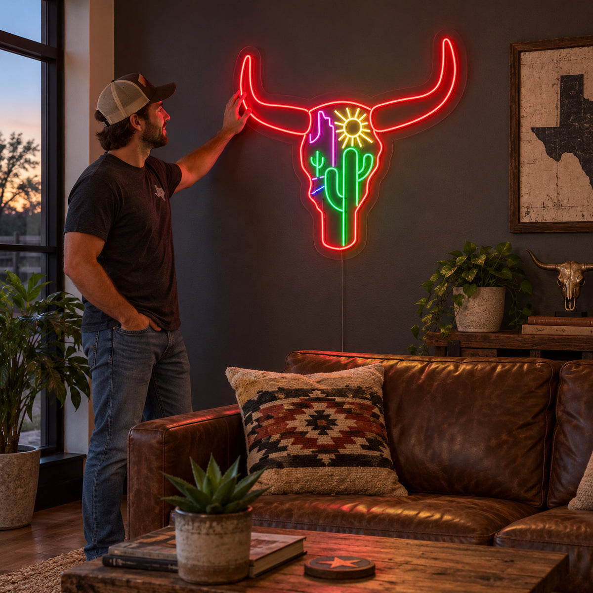 Longhorn Skull Cactus Desert LED Neon Sign Wall Neon Signs - Human Interaction
