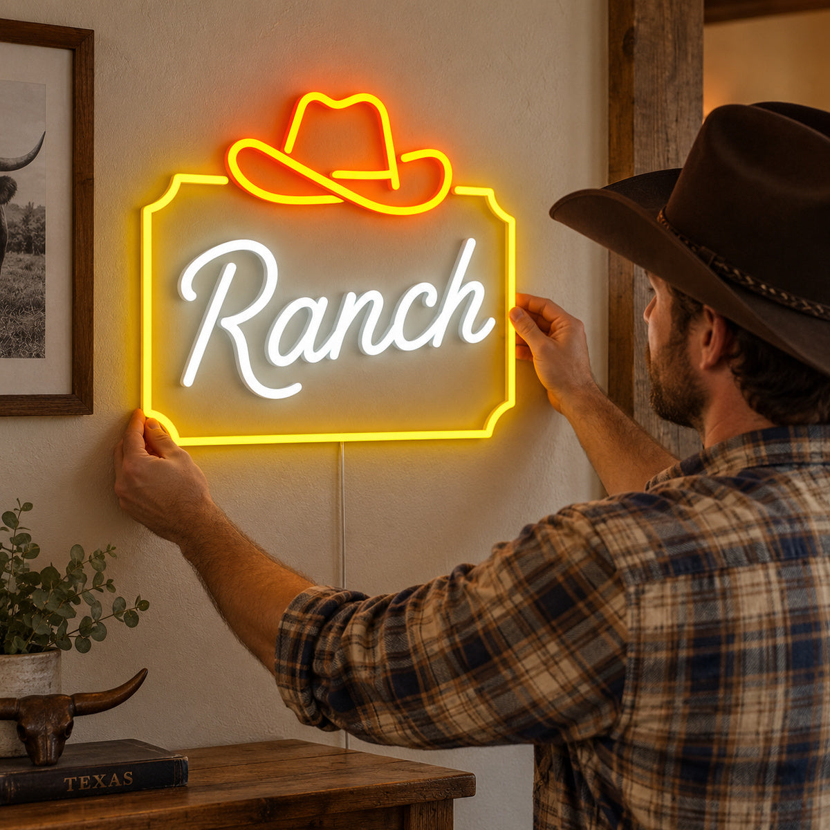 Ranch Cowboy Hat Frame Vintage LED Neon Sign Wall Neon Signs - Human Interaction