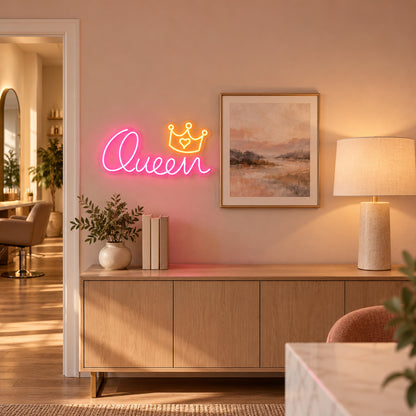 Queen LED Neon Sign for Salon Light Up Business Decor - Installation Scene