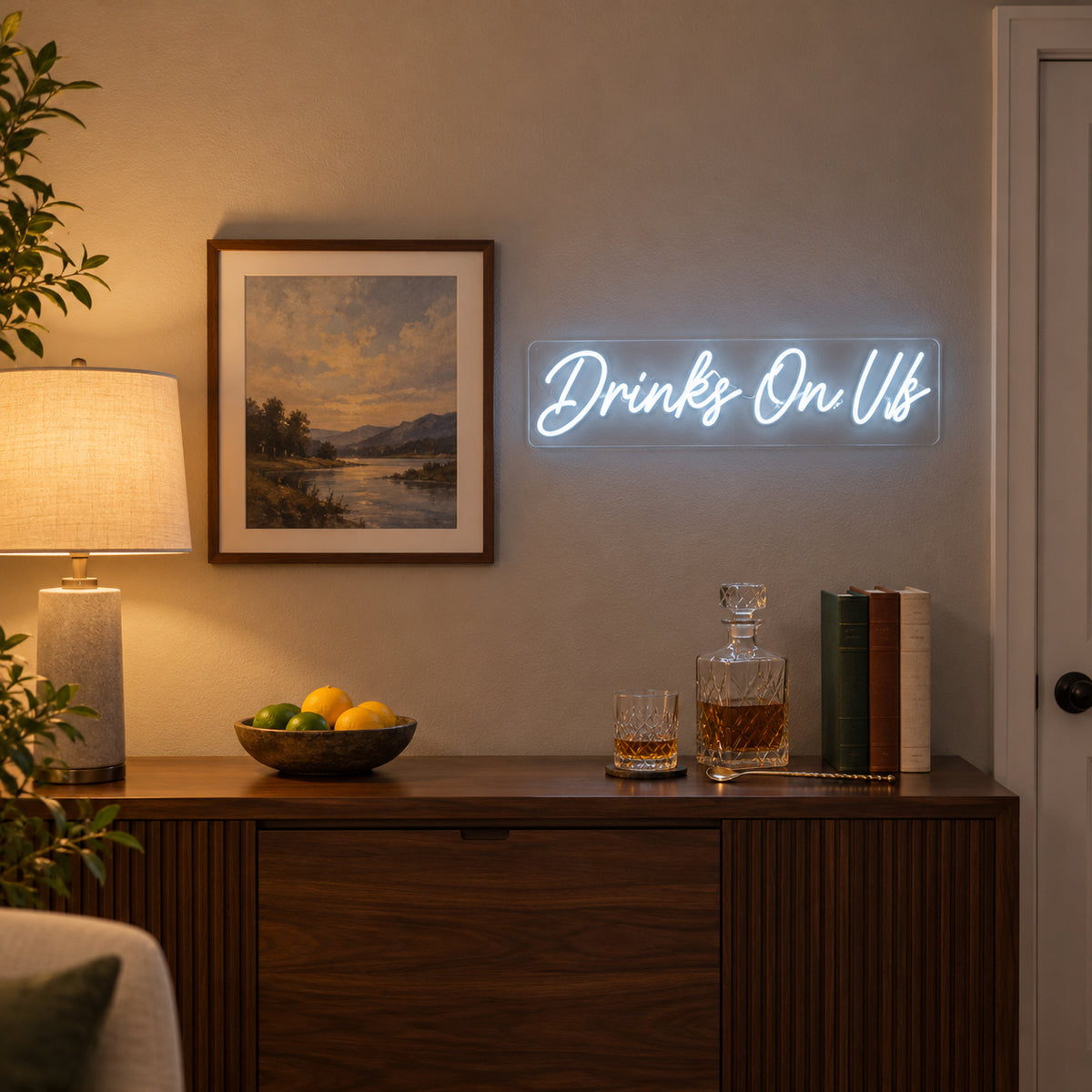 Drinks On Us LED Neon Sign for Bar Light Up Business Decor - Installation Scene
