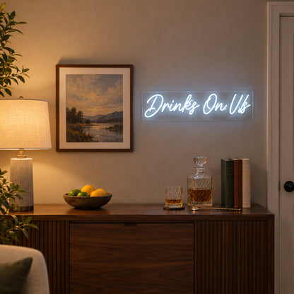 Drinks On Us LED Neon Sign for Bar Light Up Business Decor - Installation Scene