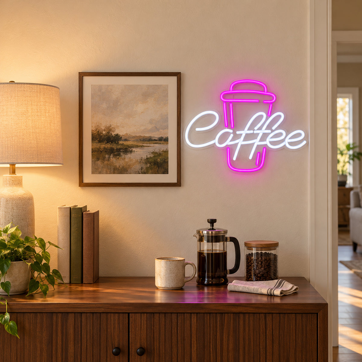 Coffee Cup LED Neon Sign for Man Cave Dimmable Wall Decor - Installation Scene