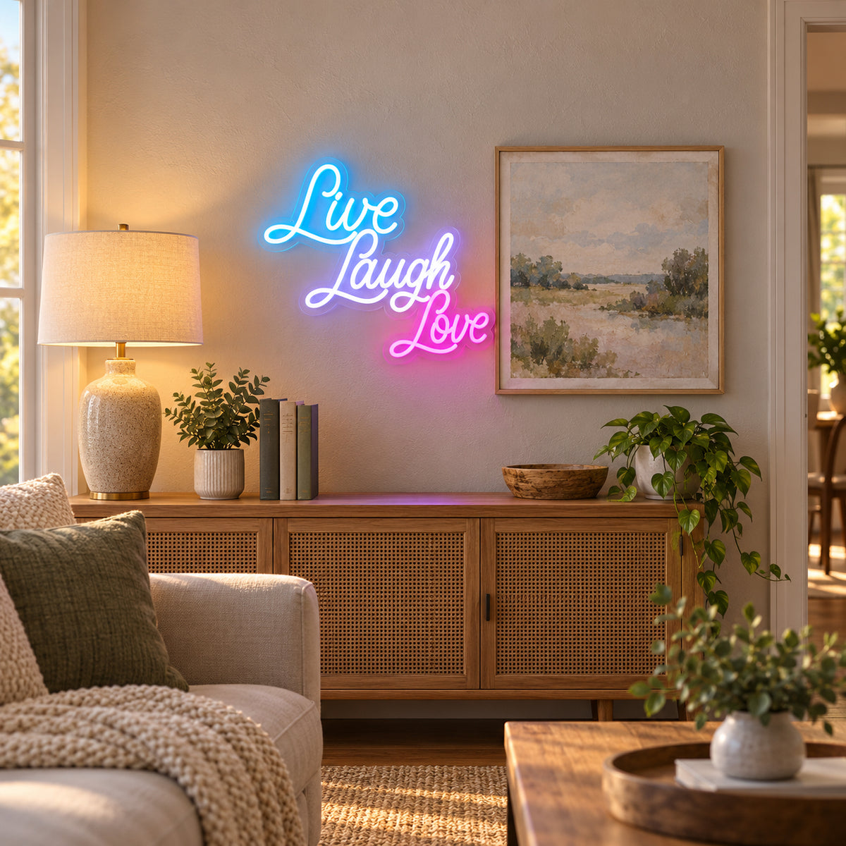Live Laugh Love LED Neon Sign Grand Cursive Stack - Installation Scene