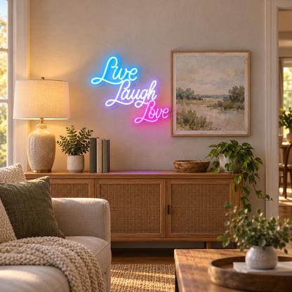 Live Laugh Love LED Neon Sign Grand Cursive Stack - Installation Scene