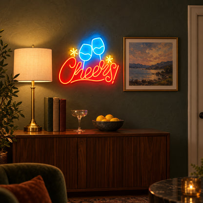 Cheers Champagne LED Neon Sign for Bar Light Up Business Decor - Installation Scene