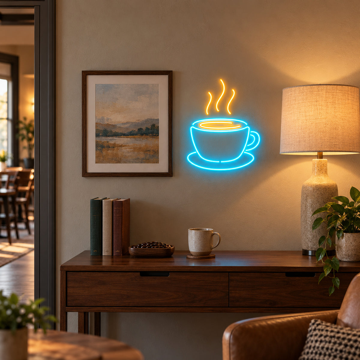 Coffee LED Neon Sign Cup with Rising Steam - Installation Scene