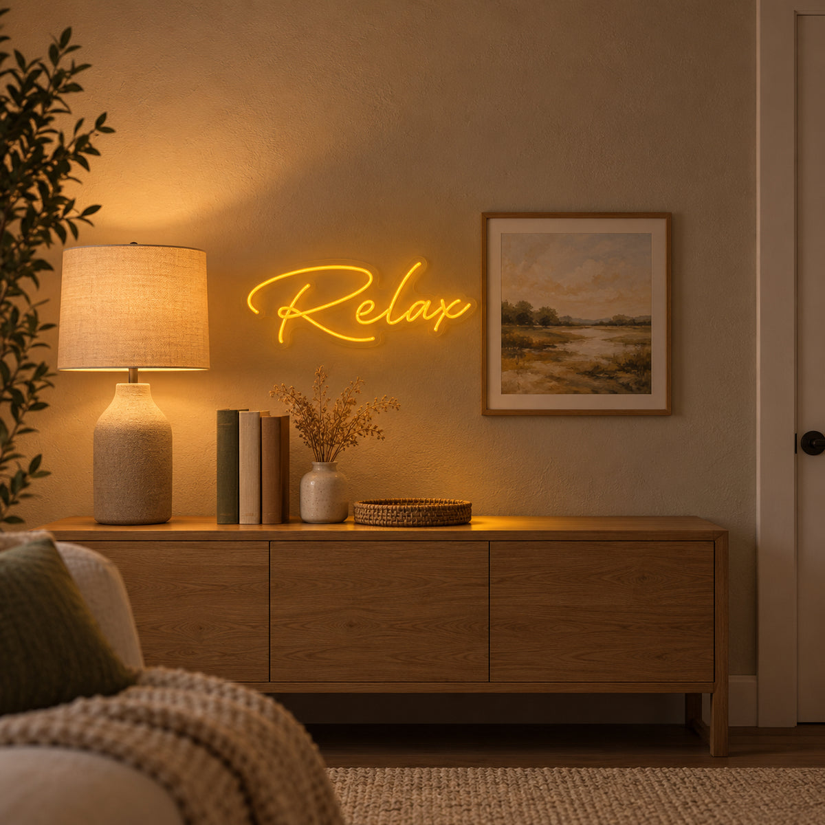 Relax LED Neon Sign Warm Cursive Style - Installation Scene
