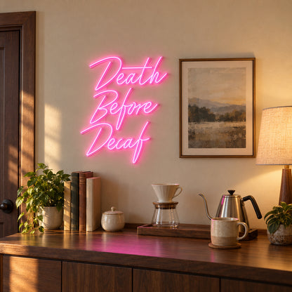Death Before Decaf LED Neon Sign for Bar Light Up Business Decor - Installation Scene