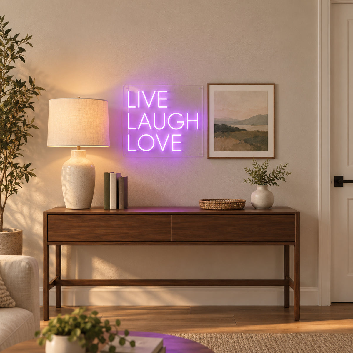 Live Laugh Love LED Neon Sign Stacked Caps Design - Installation Scene