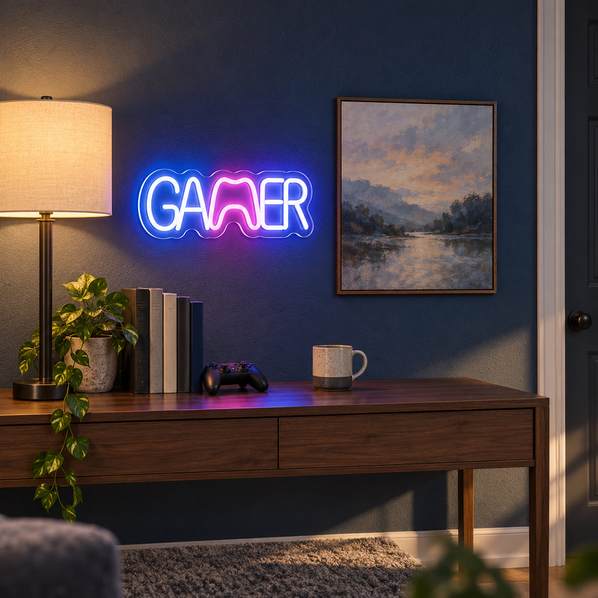 Gamer LED Neon Sign for Man Cave Dimmable Wall Decor - Installation Scene