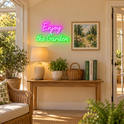Enjoy The Garden LED Neon Sign for Storefront Light Up Business Decor - Installation Scene