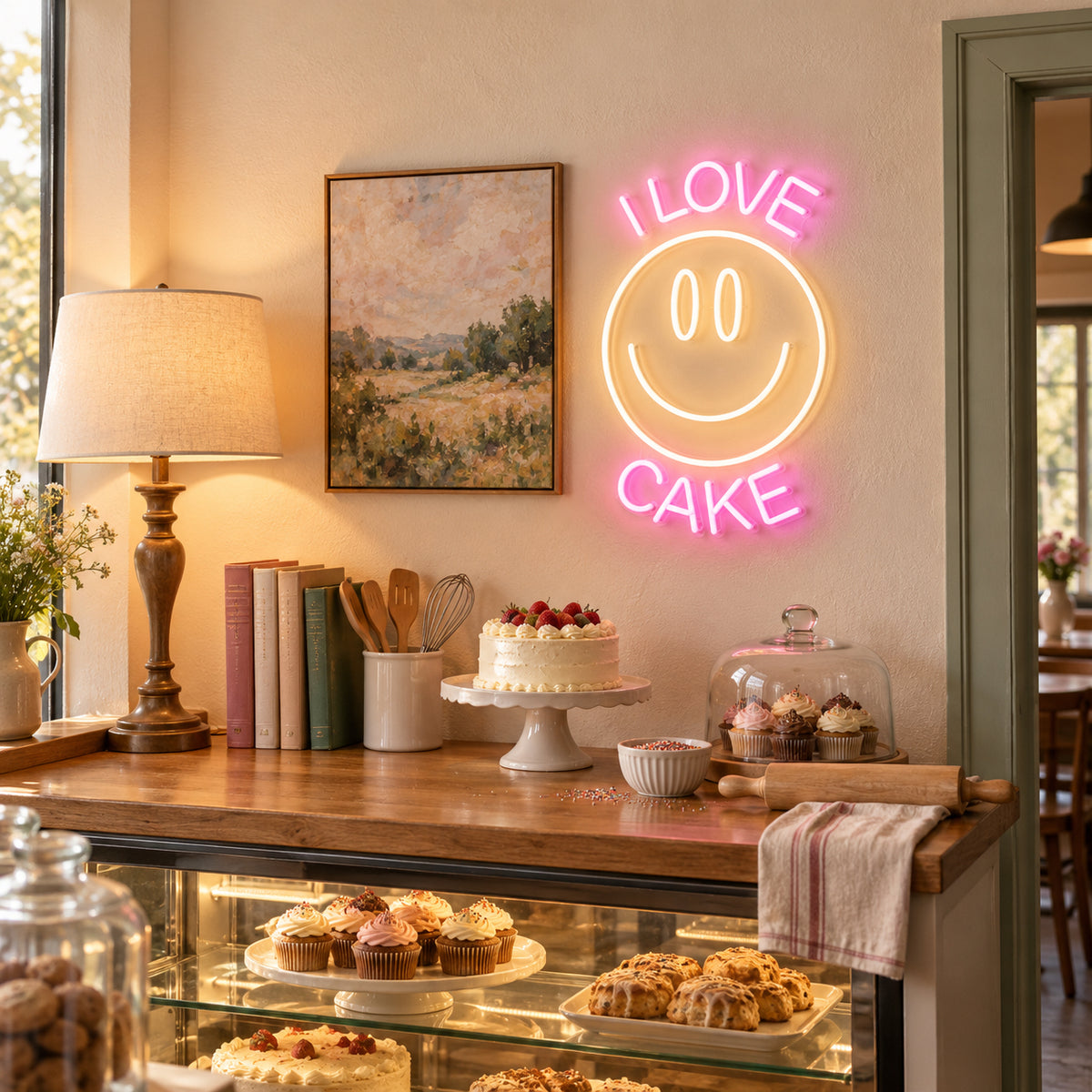 I Love Cake Smiley Face LED Neon Sign Dimmable Wall Light - Installation Scene