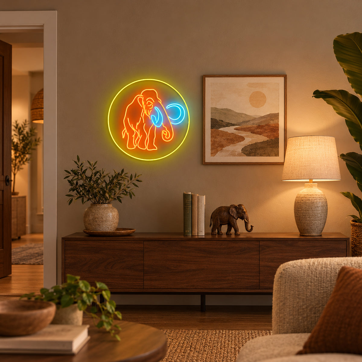 Elephant LED Neon Sign Circle Emblem Design - Installation Scene