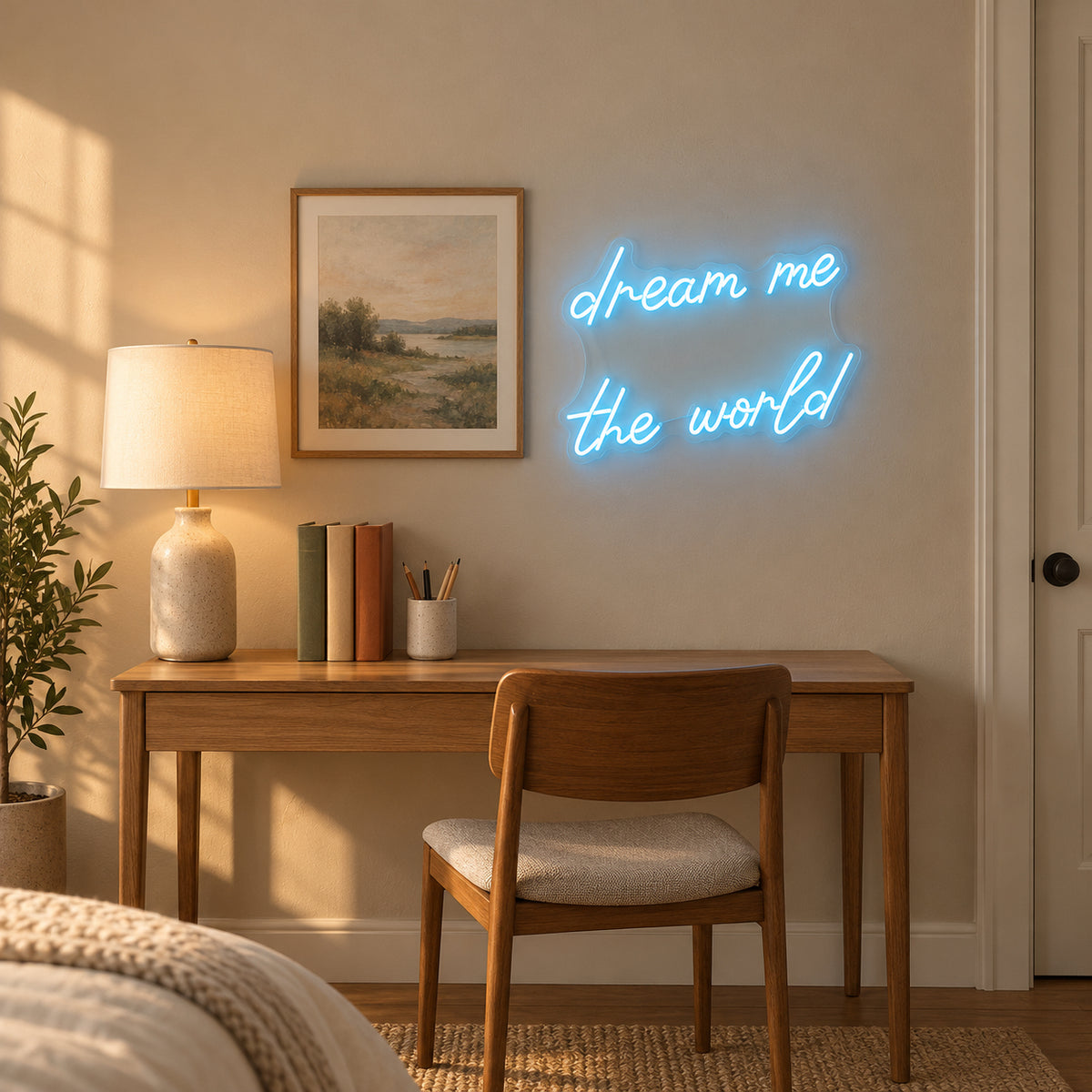 Dream Me The World LED Neon Sign Book Shelf Scene Script - Installation Scene