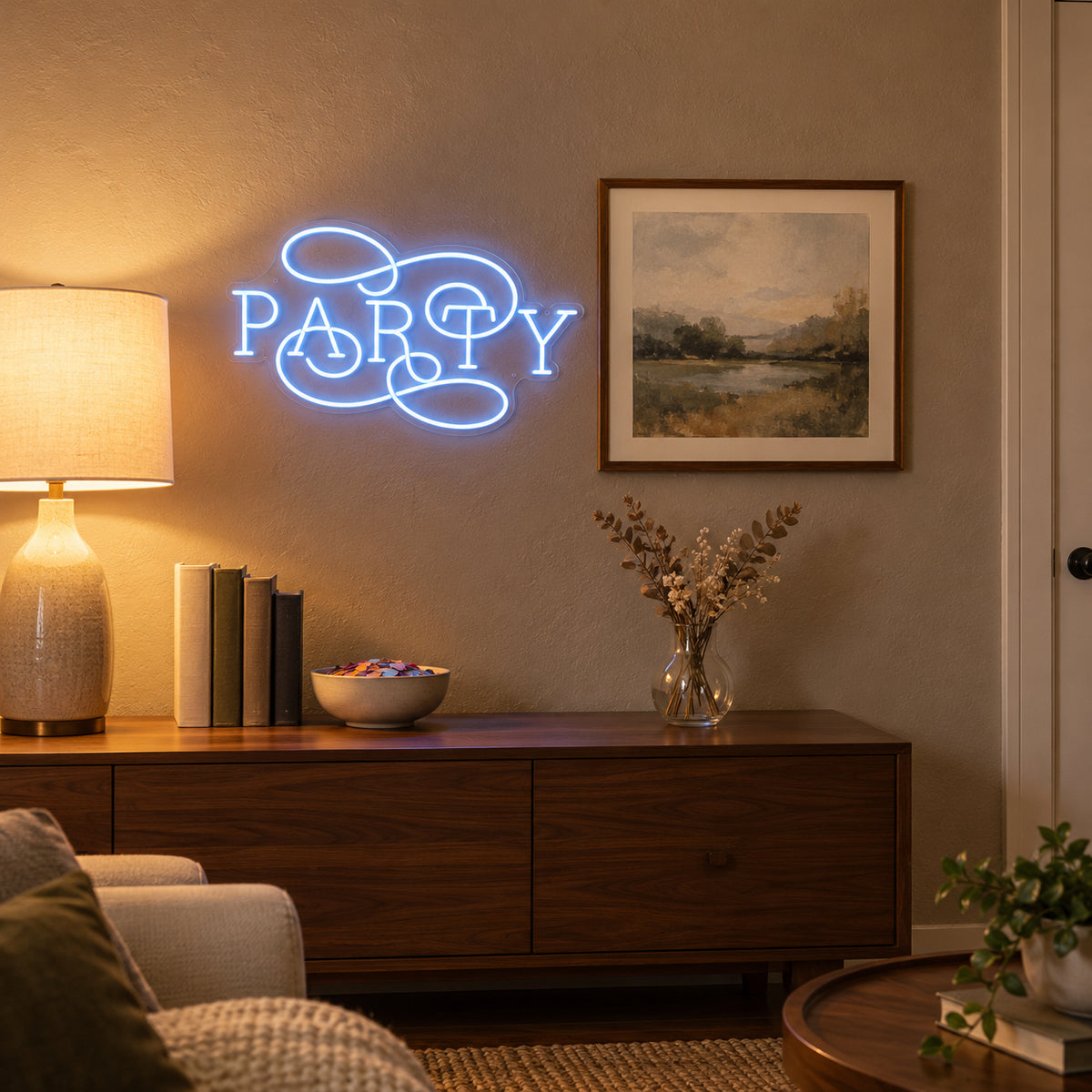 Party LED Neon Sign Caps with Script Overlay - Installation Scene
