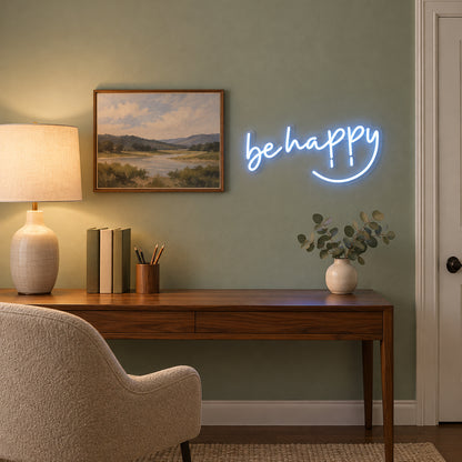 Be Happy LED Neon Sign Lowercase Minimal Style - Installation Scene