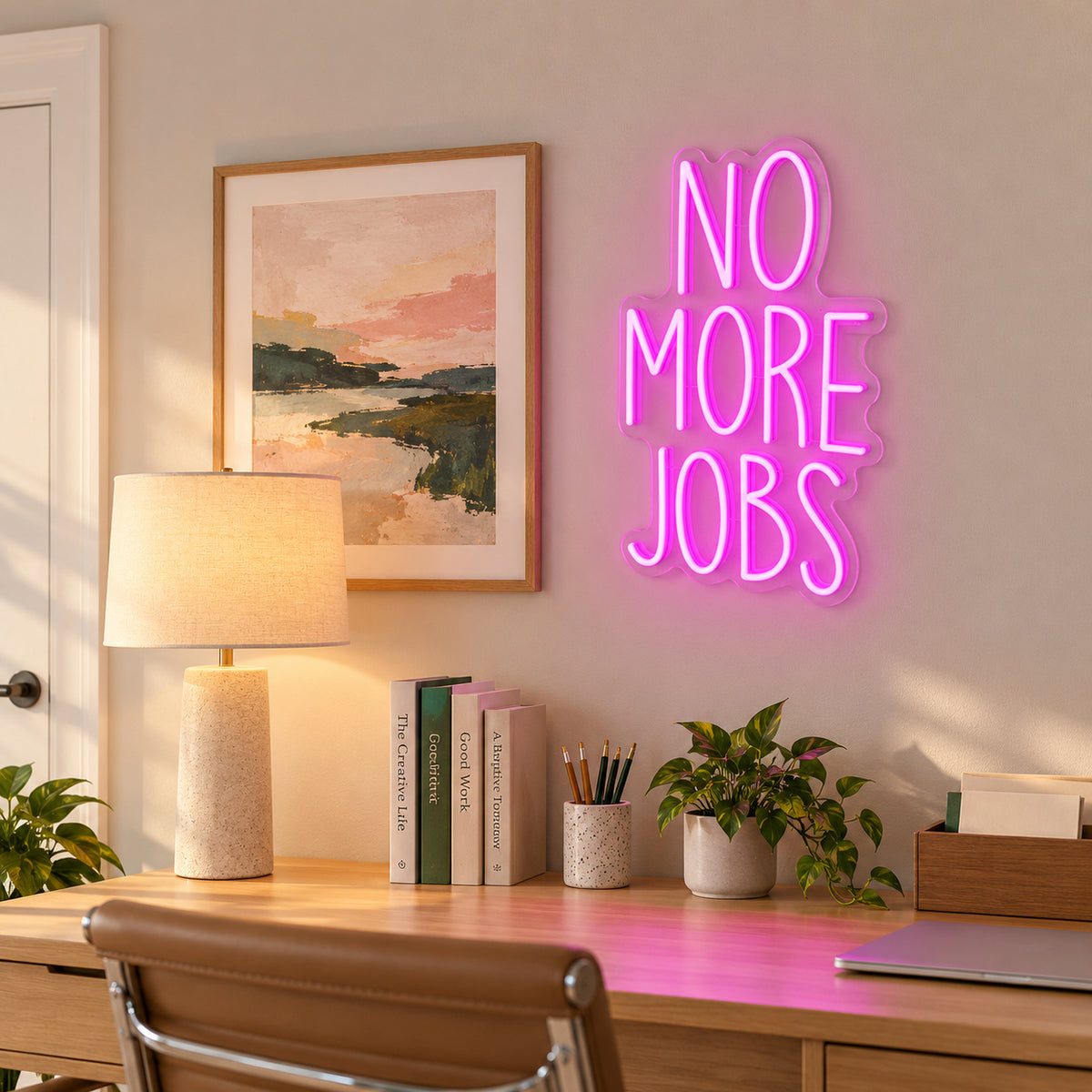 No More Jobs LED Neon Sign for Office Light Up Business Decor - Installation Scene