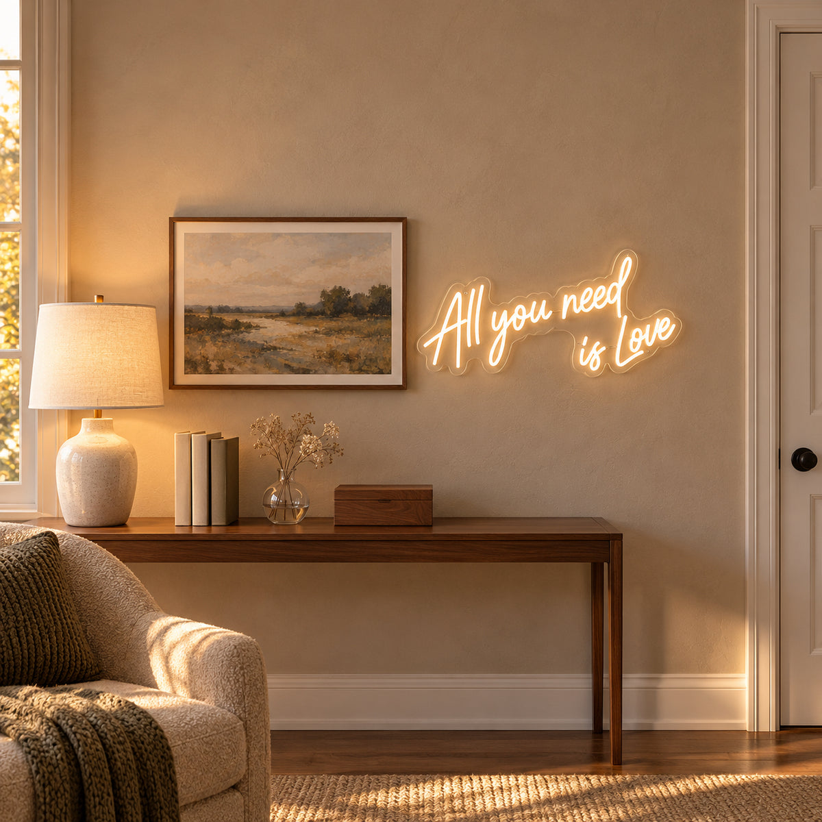 All You Need is Love LED Neon Sign Slanted Two Line Script - Installation Scene