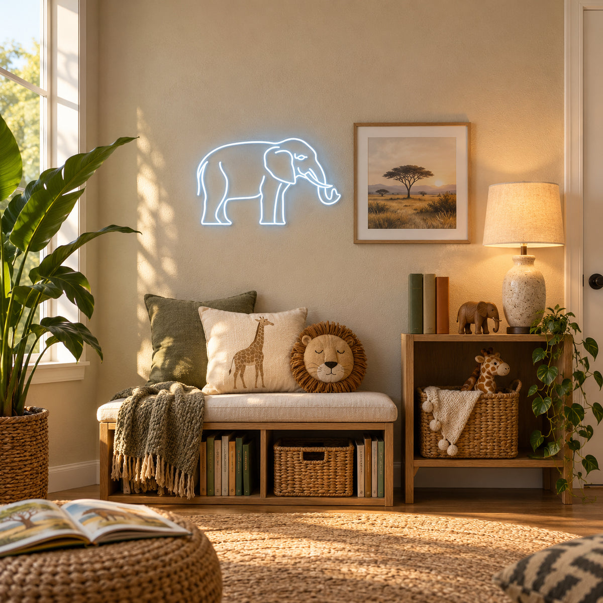 Elephant LED Neon Sign Mural Style Line Art - Installation Scene