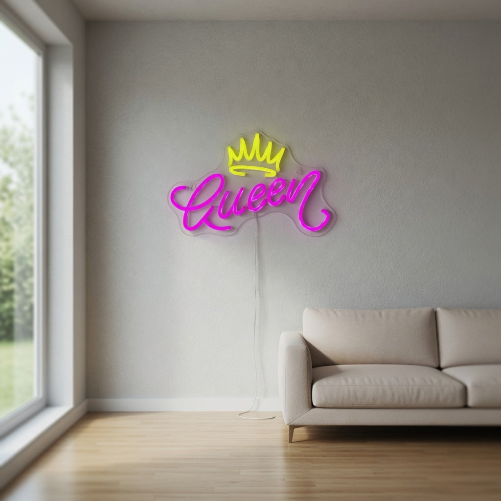 Queen and Crown LED Neon Sign for Salon Light Up Business Decor - Installation Scene