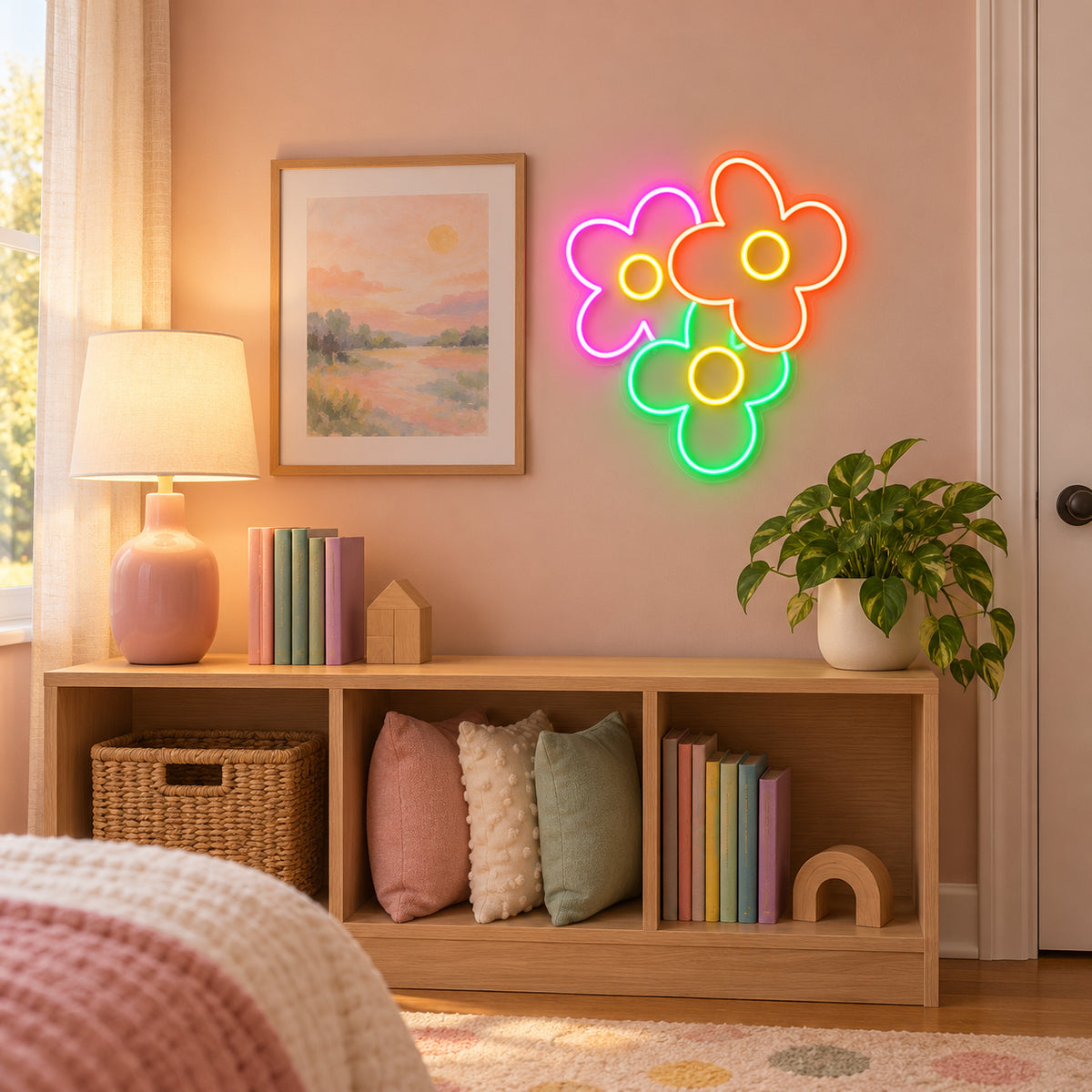 Colorful Flowers LED Neon Sign for Kids Room Dimmable Wall Decor - Installation Scene