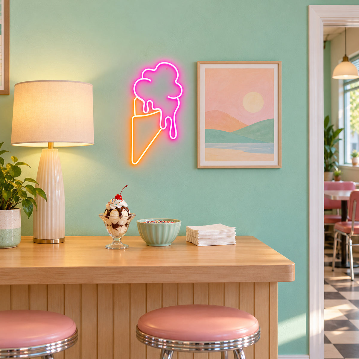 Ice Cream Cone LED Neon Sign Melting Soft Serve Design - Installation Scene