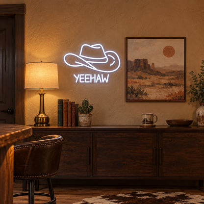 Cowboy Hat Yeehaw LED Neon Sign for Man Cave Dimmable Wall Decor - Installation Scene