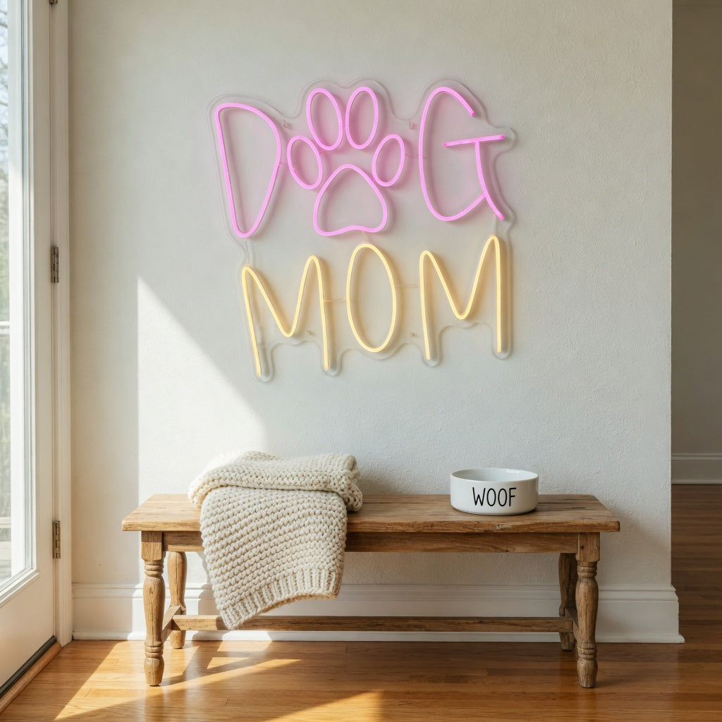 Dog Mom LED Neon Sign Caps with Paw Accent - Installation Scene