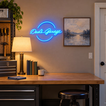 Dad's Garage LED Neon Sign Script and Caps Mix - Installation Scene